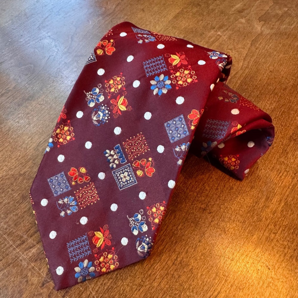 Tiffany Collection Tie Mens OS Burgundy Floral Geometric Polka Dot Vintage Woven